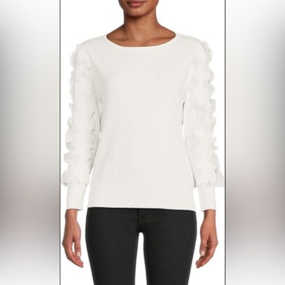 Sioni Milano Jewel Neck Women's White Sweater has Fringe Trim Bishop Sleeves Med - Picture 1 of 9
